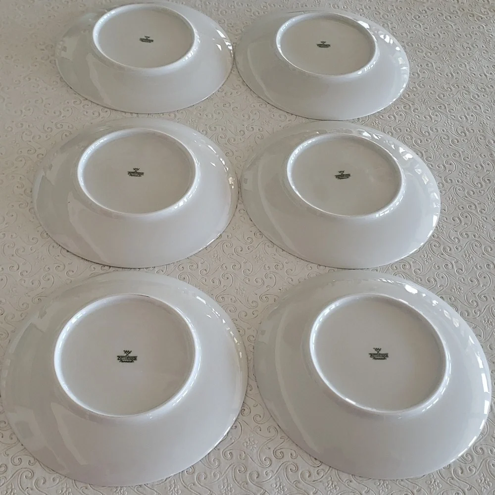 VTG. Mitterteich Bavaria 6 White Porcelain & Green Floral Salad Plates, 7 3/4